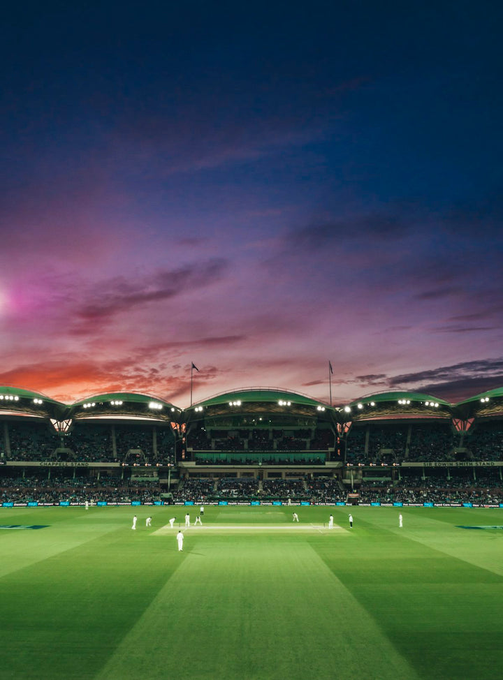 Cricket players on a field at Adelaide Oval in North Adelaide, Australia — illustrative stock photo
