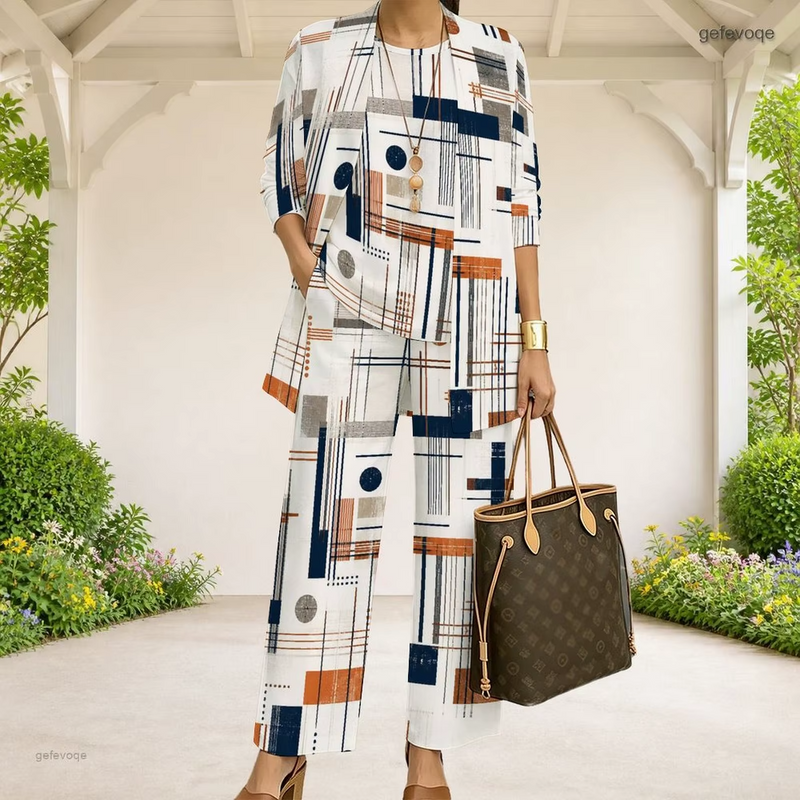 Radial Geometric 3-Piece Pants Set | Stylish Cardigan & Wide-Leg Pants